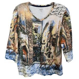 ALIA Women's City Printed 3/4 Sleeve Blouse Top 100% Cotton Petite Size S Multi